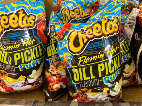 Cheetos Flamin Hot Dill Pickle Puffs Snack Bag Display