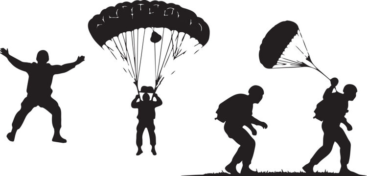 Parachute, skydiving, jumping, silhouettes, black, vector icons, 4 illustrations