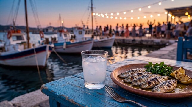 Traditional Ouzo and grilled sardines served at a Greek seaside festival at sunset