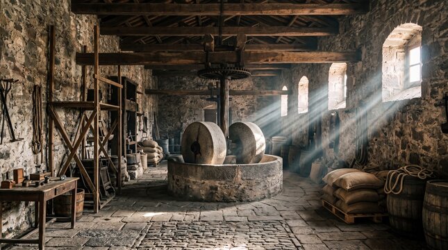 Historic stone olive oil press in an atmospheric traditional mill in Lesvos