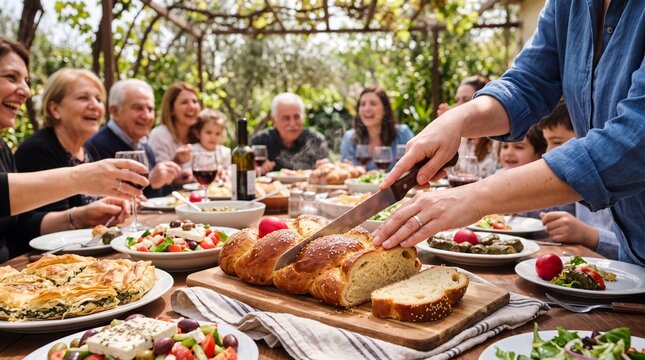 Slicing Traditional Tsoureki Bread During a Joyful Greek Easter Feast Outdoors