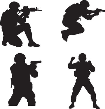 Military soldier silhouettes, combat poses, black icons, vector graphics