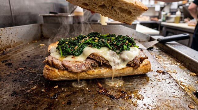 Philly roast pork sandwich with broccoli rabe and melted provolone on a griddle