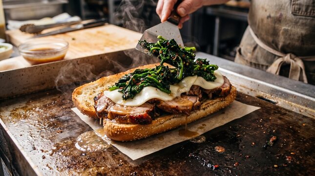 Philly roast pork sandwich with broccoli rabe and provolone cheese on a griddle