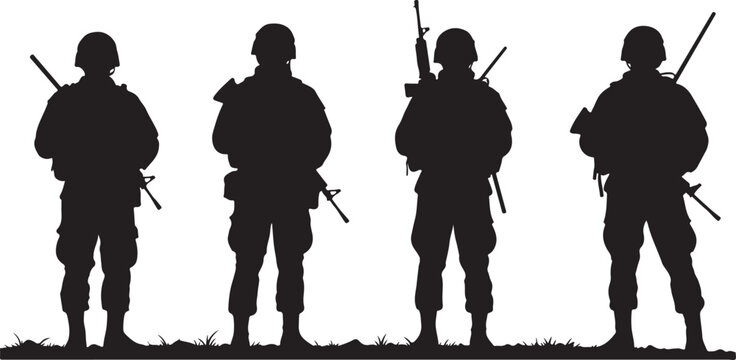 Military soldiers, army men, silhouette icons, black vector graphics, combat troops