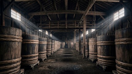 Obraz premium Rows of traditional wooden vats aging soy sauce inside a historic Japanese kura