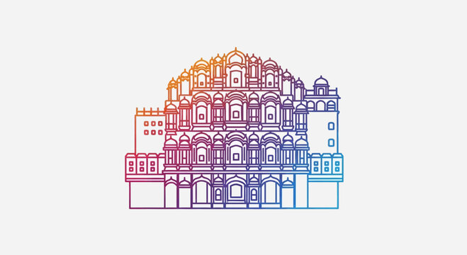 Colorful Jaipur Hawa Mahal Palace Outline Illustration