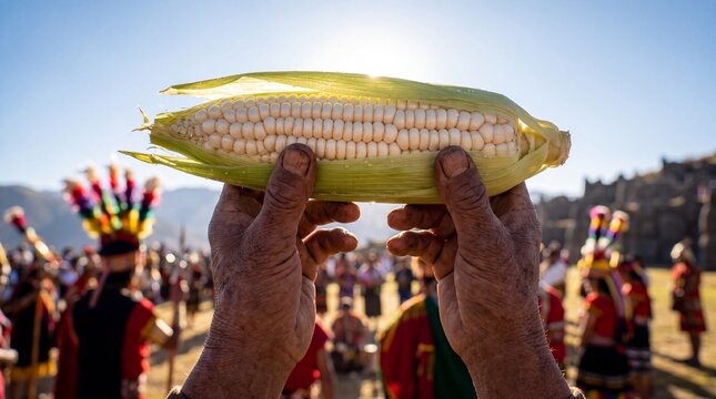 Sacred giant Cusco maize held as sun god offering during Inti Raymi ceremony