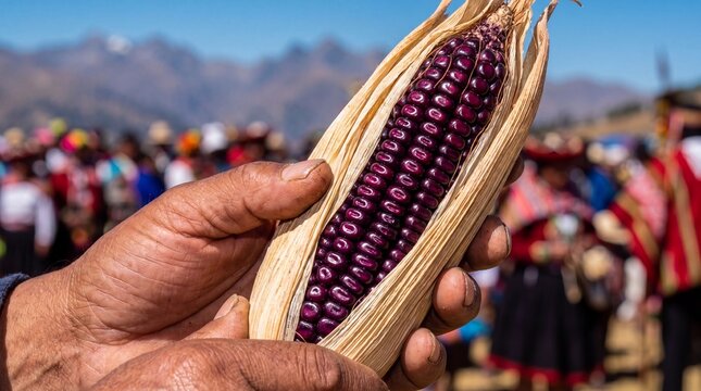 Close up of rustic hands holding Maiz Morado purple corn at Inti Raymi festival