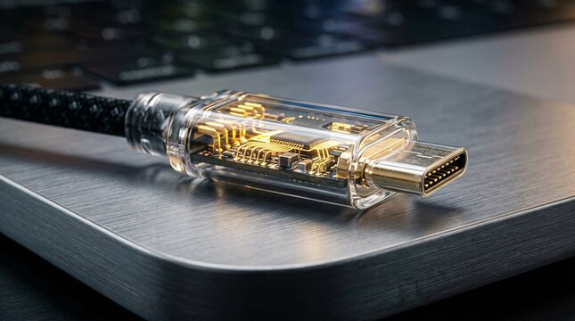 Transparent glass usb-c cable connector revealing glowing gold internal wiring and microchips resting on a sleek brushed aluminum laptop.