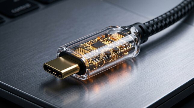 Transparent glass usb-c cable connector revealing glowing gold internal wiring and microchips resting on a sleek brushed aluminum laptop.