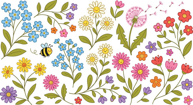Cute wildflower vector collection with smiling faces daisy dandelion and honey bee isolated on white background for kids.