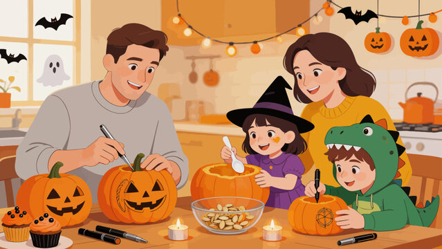 Family carving pumpkins for Halloween