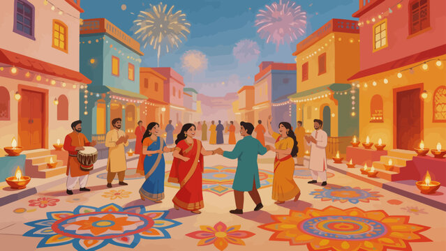 Festive street celebration with dancers and fireworks