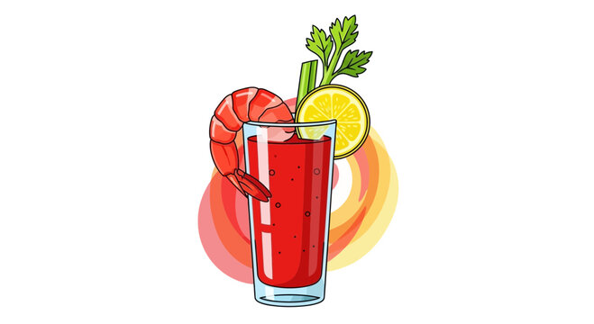 Bloody Mary Cocktail with Shrimp, Celery, and Lemon Slice - Refreshing Drink Illustration