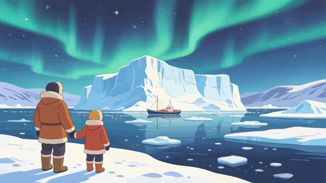two people in winter coats looking at iceberg and ship