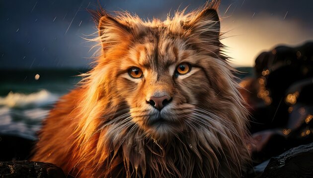 Majestic Cat on Rocky Coastline at Sunset.