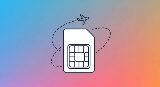 Airplane and SIM card icon on a colorful gradient background, travel and communication concept