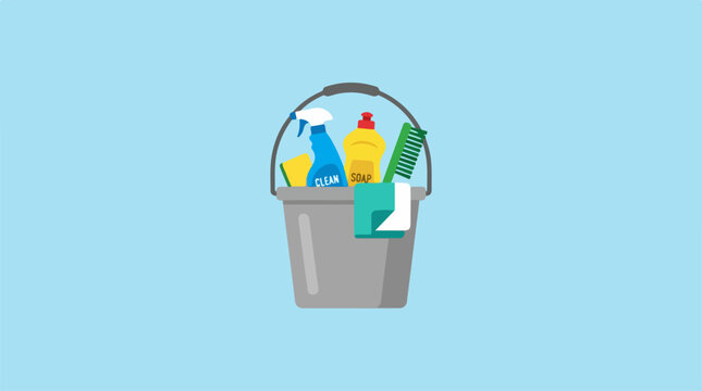 A grey cleaning bucket filled with household supplies on a blue background.