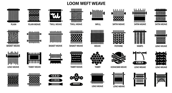 Loom Weft Weave Patterns, Textile Design Elements, 40 Black and White Icons, Vector Graphics