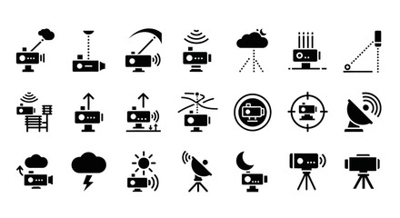 Obraz premium Broadcasting icons, television symbols, radio signs, media graphics, 25 black vector graphics