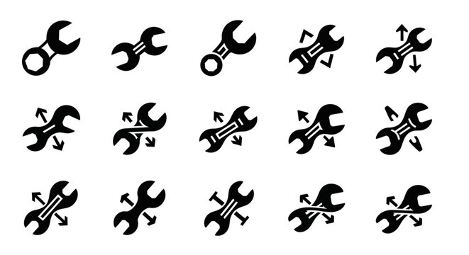 Black wrench icons, adjustable spanner symbols, toolbox graphics, 16 repair tool vector set