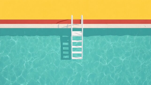 Aerial View of a Swimming Pool with a White Ladder Against Bright Yellow and Red Backgrounds for Modern Aesthetic or Vacation Theme