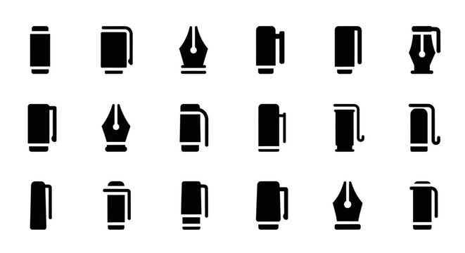 Black ink bottle, fountain pen icons, 20 vector symbols, inkwell graphics, writing tools