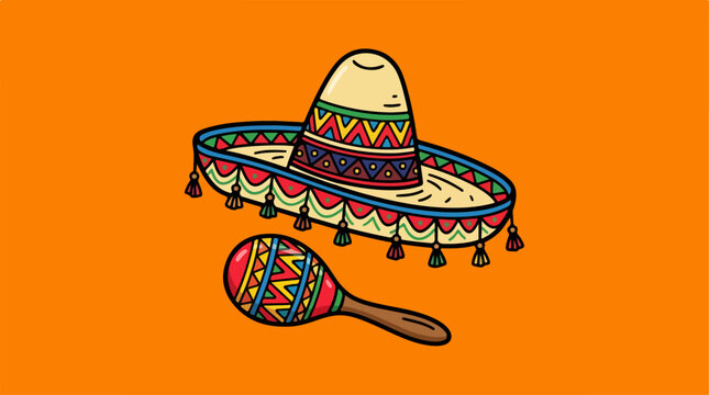 Colorful traditional Mexican sombrero hat and maraca illustration.