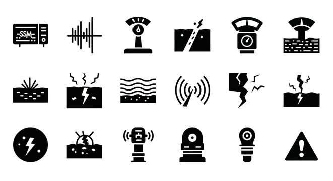 Electricity, warning, signal icons, 20 black vector graphics, alert symbols, power surge illustrations