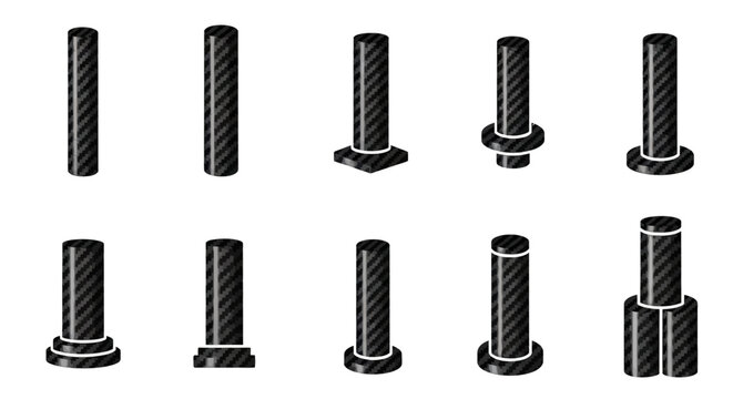 Black metal bolts, screw icons, industrial fasteners, hardware symbols, vector set