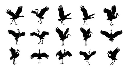 Obraz premium Black silhouette cranes, flying birds, avian icons, 16 graphics set, vector illustrations