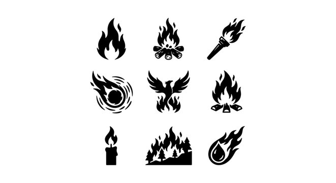 Fiery Icons Collection: Dynamic Flame Symbols, Burning Torch, Phoenix Emblem, Meteorite, and Candle Light, Black and White Vector Graphics for Energy and Power Concepts