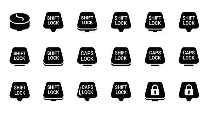 Keyboard key icons, shift lock, caps lock, keyboard symbols, typing indicators, black and white keyboard signs, computer keyboard elements