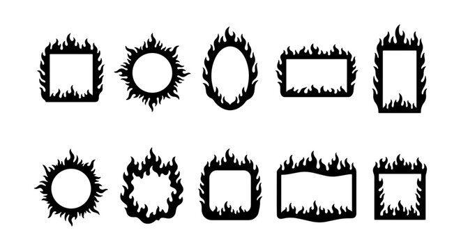 Fiery Frames Collection, Black Flame Borders Set, Burning Square and Oval Shapes, Dynamic Fire Elements for Graphic Design