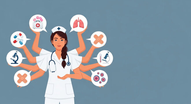 Skilled Nurse Expertly Juggling Multiple Medical Tasks with a Multitude of Arms and Icons Displaying Healthcare Services