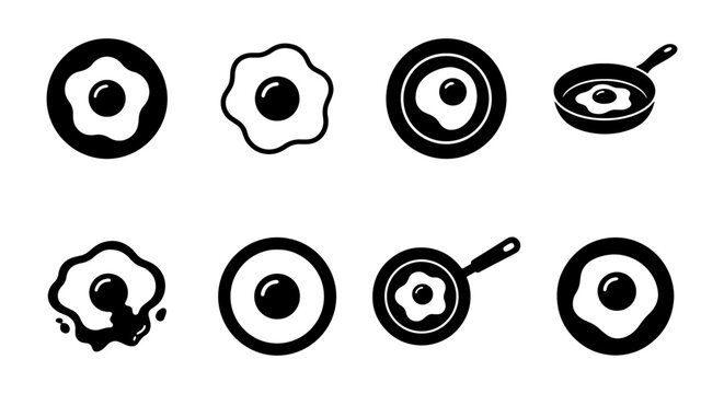 Fried Egg Icons Set, Sunny Side Up and Over Easy Breakfast Illustrations, Simple Black and White Food Graphics for Menus and Recipes