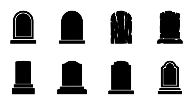 Grave Marker Icons, Tombstone Silhouettes, Memorial Stone Vector Set, Cemetery Headstone Graphics