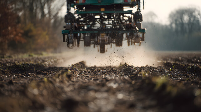 Agricultural planter machine working in muddy field, farming equipment.