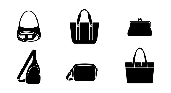 Set of 6 Black Vector Icons: Fashion Handbags, Purses, and Shoulder Bags, Minimalist Style for E-commerce and Design