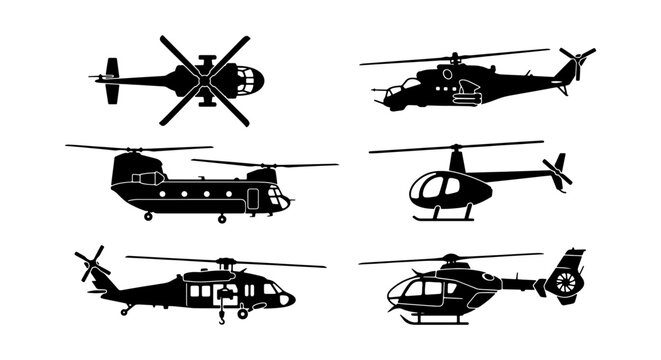 Helicopter Vector Icons Set, Military and Civilian Aircraft Silhouettes, Aviation Transport Graphics, Black and White Flying Machines Collection