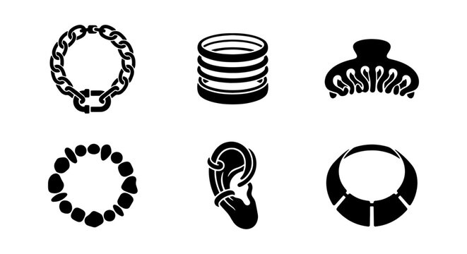 Set of 6 Black and White Accessory Icons: Bracelet, Bangles, Claw Clip, Beaded Bracelet, Earring, Necklace