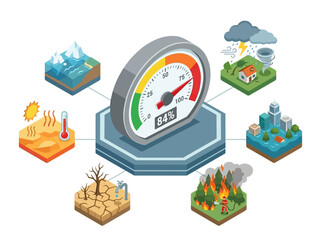 Naklejka premium Climate change effects on environment illustrated with gauge and diverse natural disaster scenes around it globally.