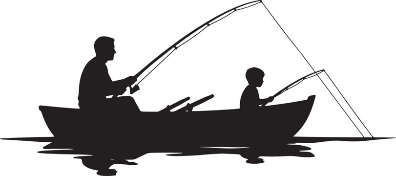 Fishing father and son in a rowboat on calm water
