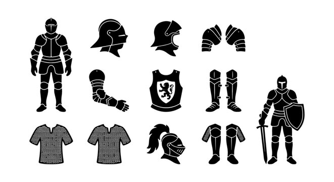 Medieval Knight Armor Set, Historical Warrior Garb Collection, Vintage Soldier Equipment Icons, Medieval Warfare Gear Vector Graphics