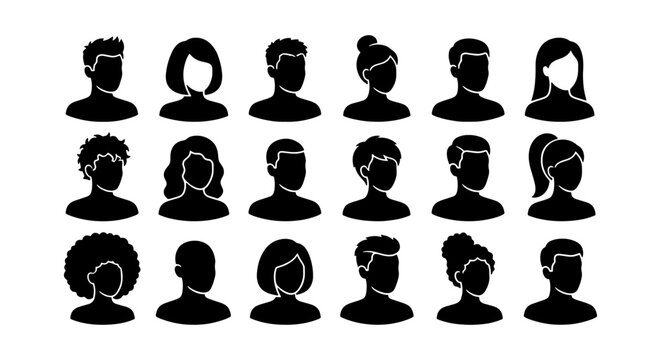Diverse Silhouette Avatars, 20 Black Head Icons for User Profiles, Vector Graphics for Web and App Design