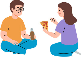 Fototapeta premium Flat Vector Illustration of a Couple Socializing While Eating Pizza and Drinking