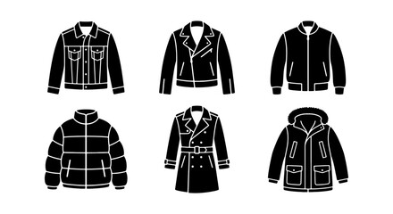 Set of 6 Black Vector Icons: Jackets, Coats, and Outerwear Styles. Fashion Apparel Collection, Clothing Symbols for Design. © Raihan