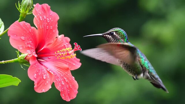 Rubythroated hummingbird hovers near a vibrant pink hibiscus flower sipping nectar in a lush green garden setting with water droplets on petals.