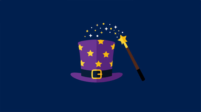 Purple magician hat with yellow stars and magic wand.